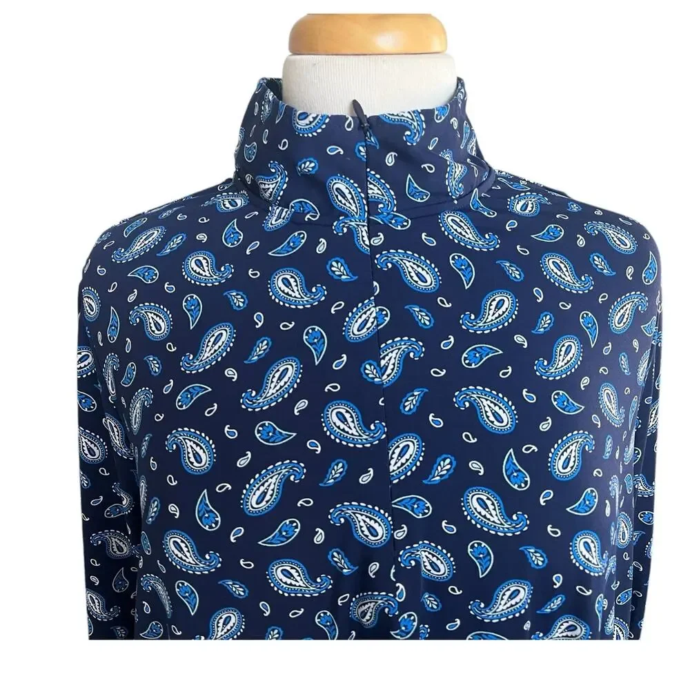 Lands End Swim Cover Up Long Sleeve 1/4 Zip Blue Paisley Pool Beach Stretchy 2X